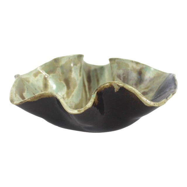 Vintage Sculptural Studio Pottery Footed Bowl Organic Ruffled Edge For Sale