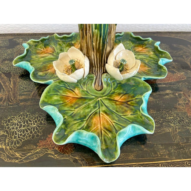 Ceramic Antique French Majolica Vase Centerpiece Onnaing Art Nouveau Iris Tulip C1900 For Sale - Image 7 of 18