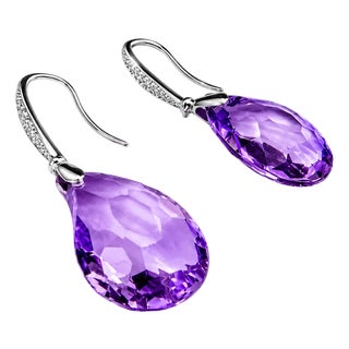 Late 20th Century 18K White Gold Diamond Amethyst Dangle Drop Earrings, Pair For Sale