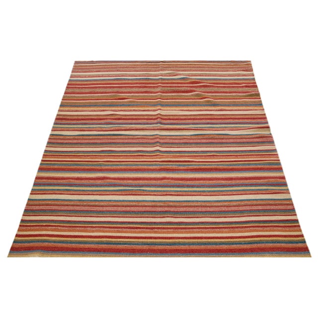 Modern 2020s Modern Kilim Handmade Multicolor Stripe Wool Rug For Sale - Image 3 of 7
