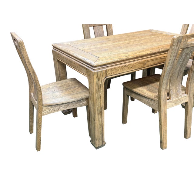 Oriental Light Wood Rough Grain Rectangular Dining Table 4 Chairs Set For Sale - Image 15 of 16