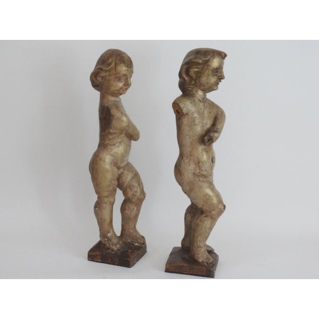 Wood Antique Italian Carved Wood Gilt Putti Angels Sculptures, S/2 For Sale - Image 7 of 11