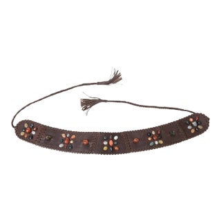 1990s Signed Brown Stitched Leather and Colored Agate Stones Tie Waist Belt With Tassels For Sale