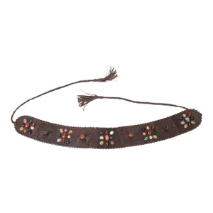 1990s Signed Brown Stitched Leather and Colored Agate Stones Tie Waist Belt With Tassels