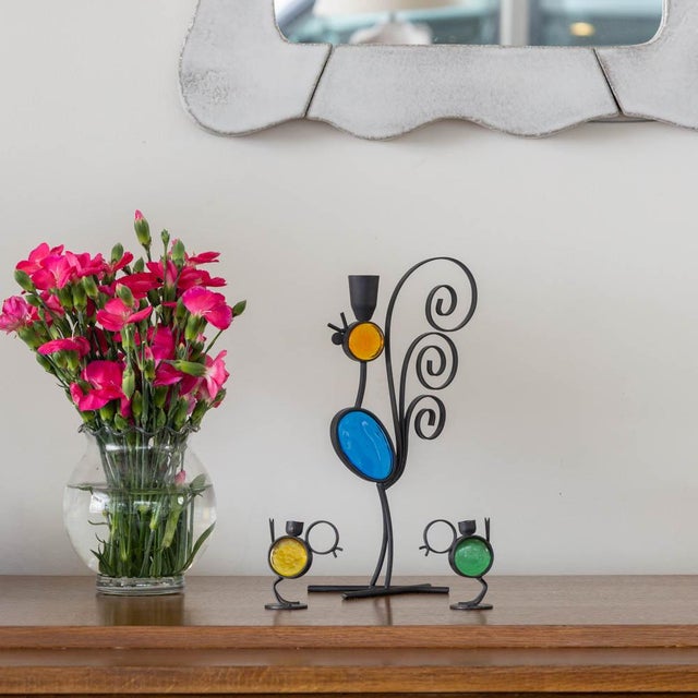 Lovely set of 3 iron and glass candlesticks by Gunnar Ander for Ystad Metall made in Sweden, 1960s. Painted iron rooster...