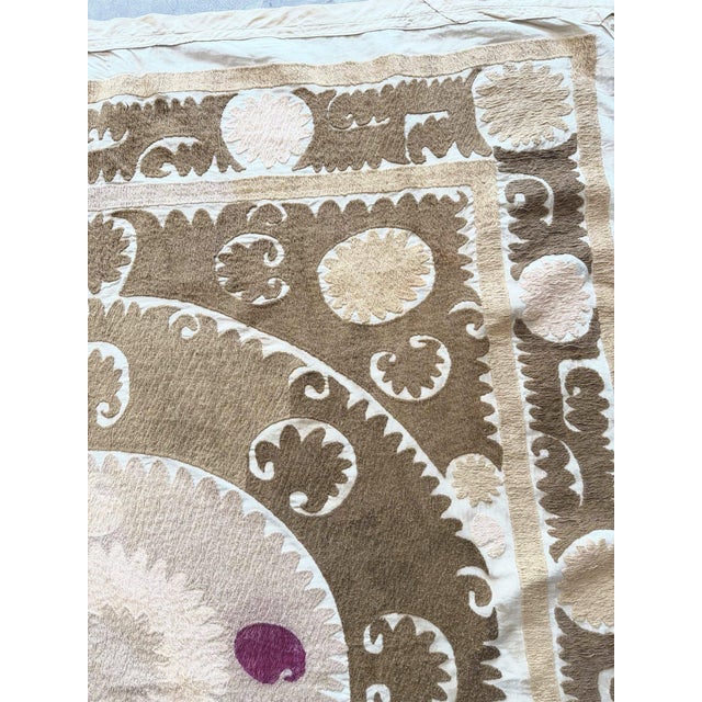 Textile Boho Embroidered Neutral Tan Suzani Wall Decor, 4'8'' X 5'4'' For Sale - Image 7 of 9
