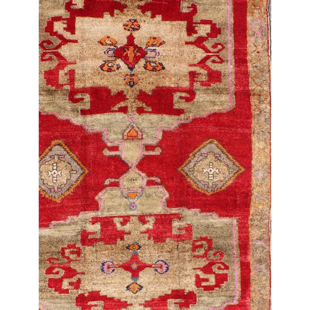 Mid 20th Century Mid 20th Century Bright Red and Taupe Vintage Turkish Oushak Rug With Dual Medallion Design For Sale - Image 5 of 10