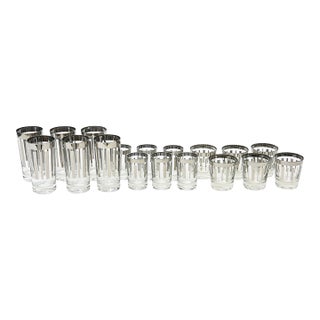 Vintage Barware Set 18 Glasses in 3 Sizes With Silver and Clear Modern Mid Century For Sale