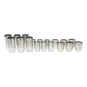 Vintage Silvered Barware Set 18 Glasses in 3 Sizes With Silver and Clear Modern Mid Century