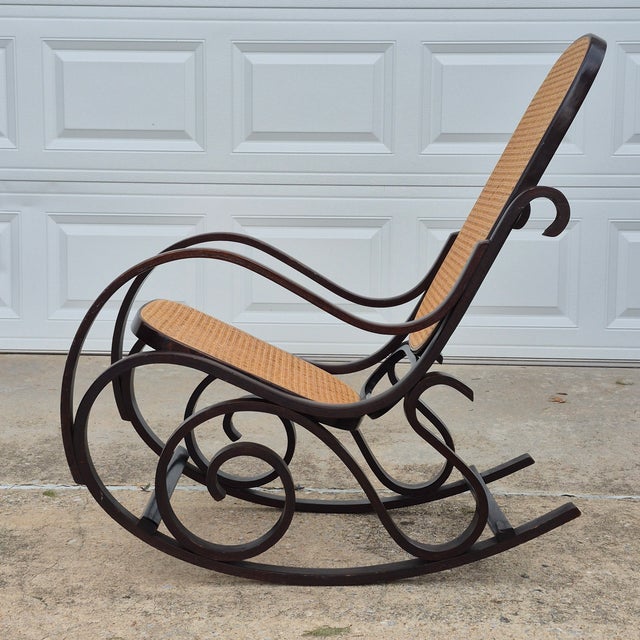Wood 1970s Vintage Thonet Style Bentwood Cane Rocking Chair Dark Stained Frame For Sale - Image 7 of 12