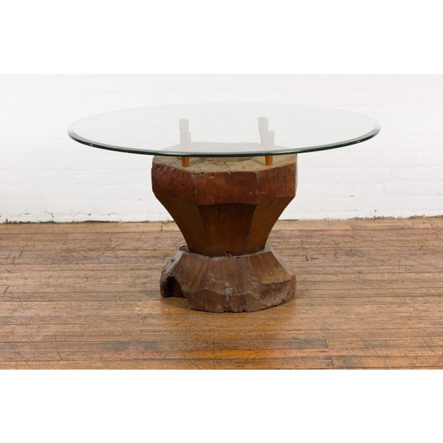 Wood 19th Century Primitive Teak Wood Mortar Made into a Side Table Base, Glass not Included For Sale - Image 7 of 12