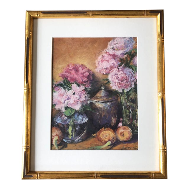 Vintage Original Tabletop Still Life Pastel Drawing Pink Roses With Faux Bamboo Frame For Sale