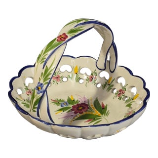 Vintage Portugal Hand-Painted Floral Basket Heart Open Work Braided Handle Made for Lord & Taylor For Sale