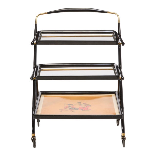Mid-Century Italian Ebonized Wood Three-Tiered Bar Cart With Removable Trays For Sale