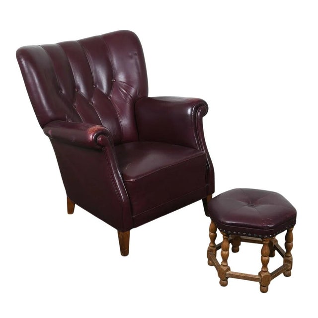 1950s Old School Tufted Leather Scandinavian Lounge Chair W Ottoman For Sale - Image 10 of 15