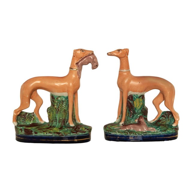 Antique 19thC Pair of Staffordshire Whippets Greyhounds Hunting Dog Figures 1860 For Sale - Image 4 of 17