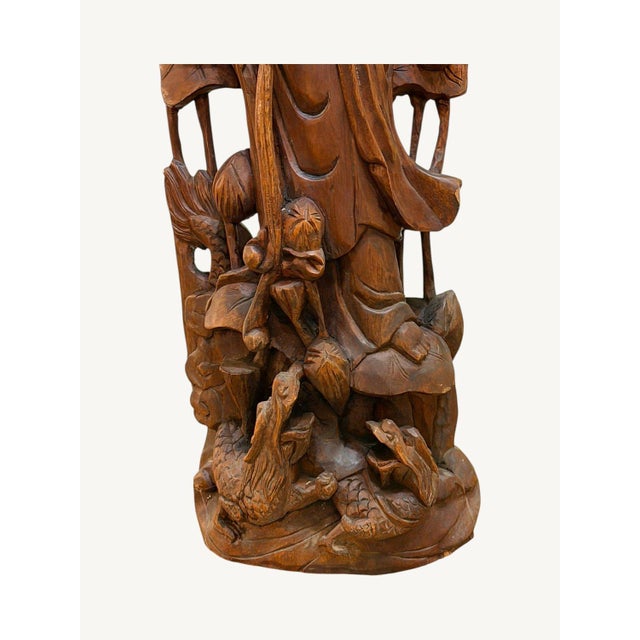 Late 20th Century Vintage Chinese Carved Wood Guanyin Kuan Yin Lotus Birds Sculpture 23.75" For Sale - Image 5 of 15