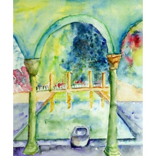 Monique Tachdjian, French Watercolor - Italian Villa Pool For Sale