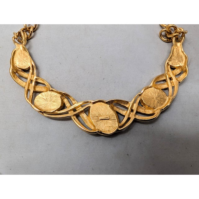 Monet Vintage 1990s Signed Monet Goldtone Cabochon Faux-Green Jasper Collar Necklace For Sale - Image 4 of 9