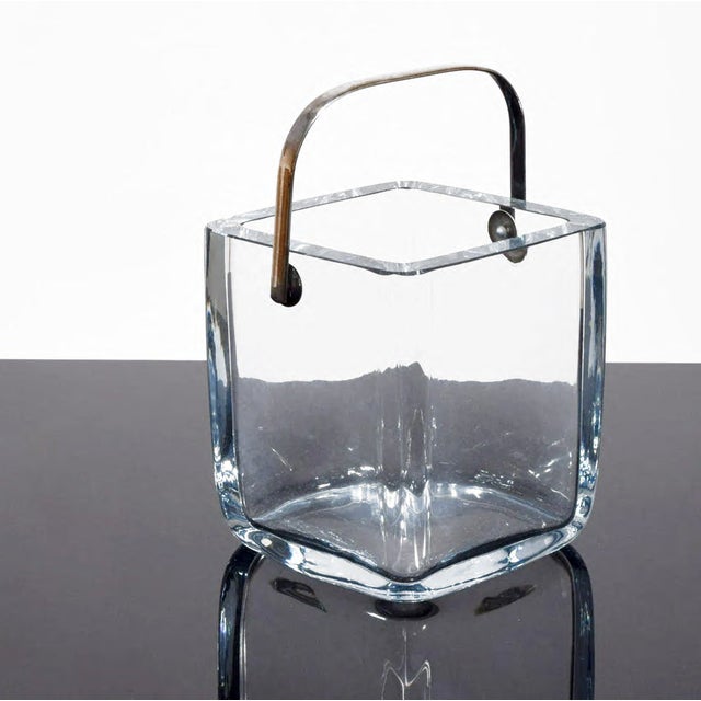 Substantial and attractive french crystal ice bucket square shape and chrome/steel handle from French luxury design house,...