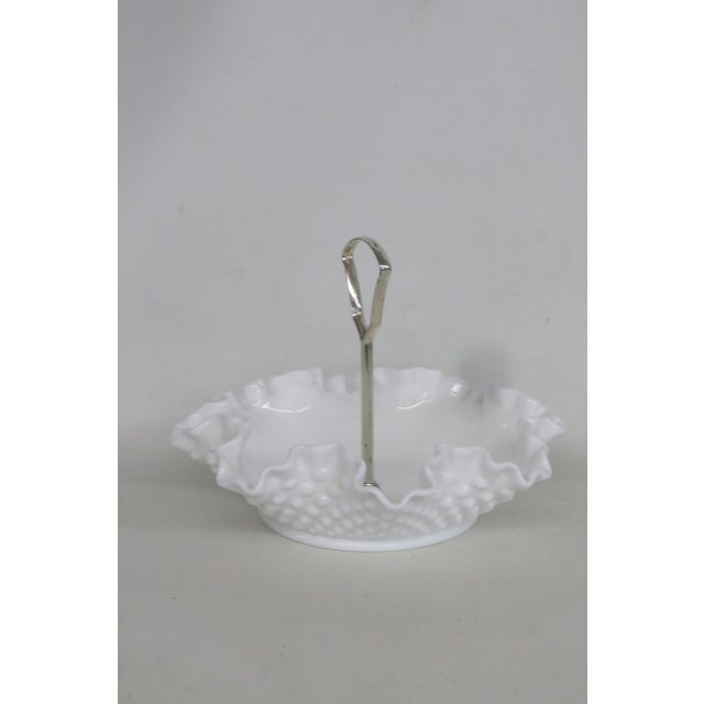 Mid 20th Century Fenton White Milk Glass Ruffled Edge Hobnail Candy Dish With Metal Handle For Sale In Miami - Image 6 of 14
