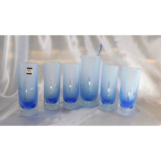 Blue 1970s Blue Cut to Clear Bar Ware Set With Serving Pitcher and Five Glasses - Set of 7 For Sale - Image 8 of 13