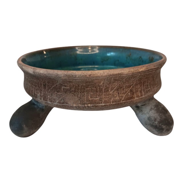 Vintage Mexico Pottery Footed Pedestal Bowl Planter Blue Green Gray Brown Mayan Aztec Design For Sale