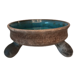 Vintage Mexico Pottery Footed Pedestal Bowl Planter Blue Green Gray Brown Mayan Aztec Design