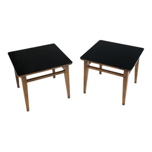 Pair of Mid-Century Modern Black Laminate Top Walnut End Tables Stands