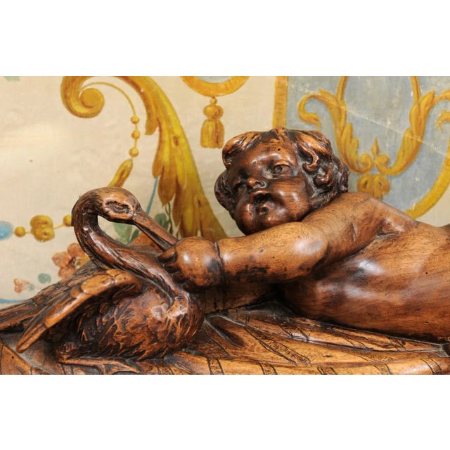 French 1880s Carved Walnut Putto Feeding a Swan Sculpted Group on Marble Base For Sale In Atlanta - Image 6 of 12