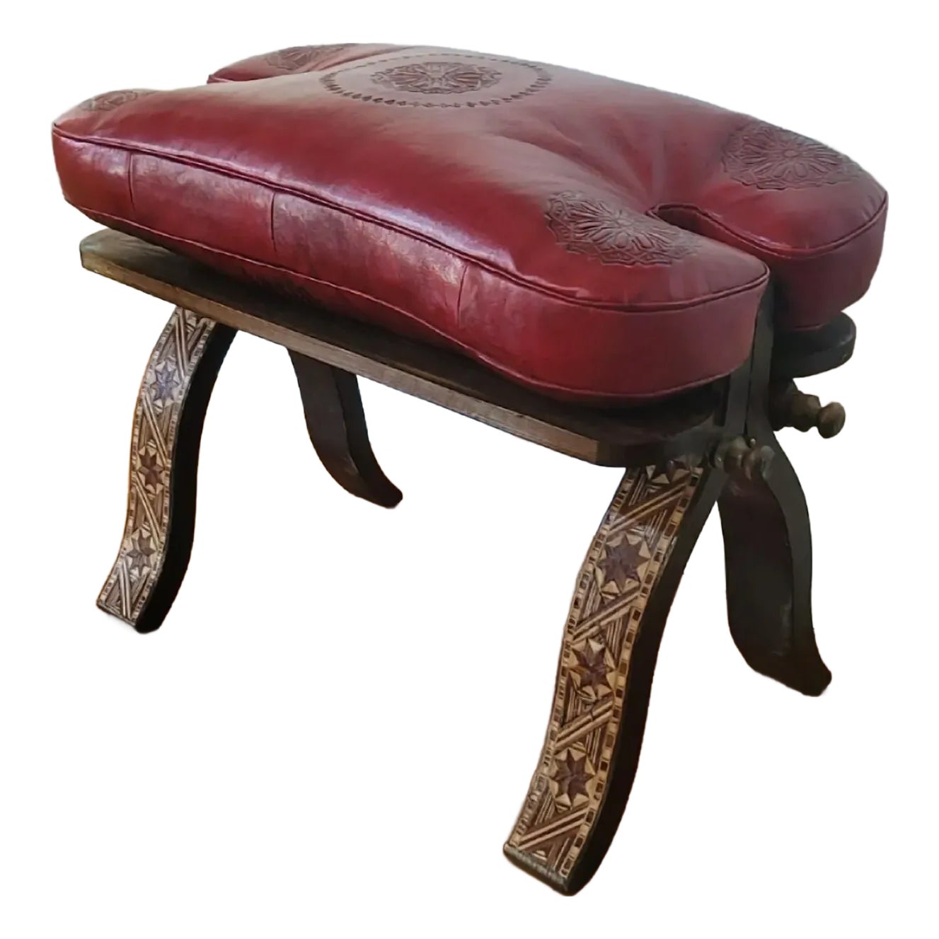 Handcrafted Moroccan Camel Saddle, Genuine Leather Cushion Stool / Ruby ... - Ruby Decorative Stool With Waste Cushion