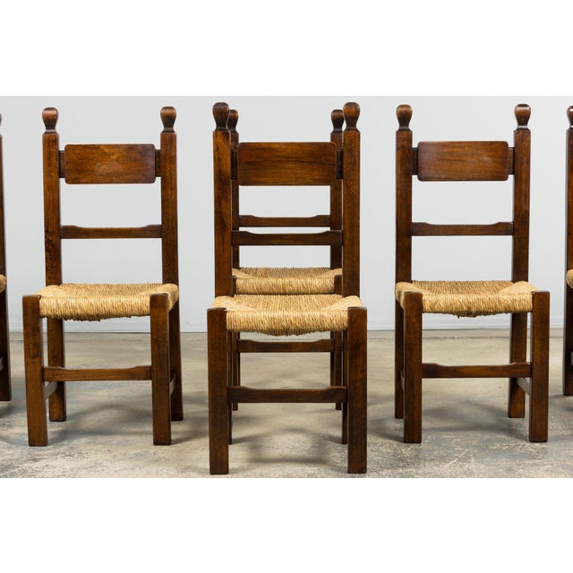 French Provincial Set of Six French Provincial Oak Rush Seat Dining Chairs, Mid-20th Century For Sale - Image 3 of 18