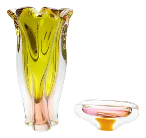 Glass Vase and Ashtray by Josef Hospodka for Sklarny Chribska, Czech, 1960s, Set of 2