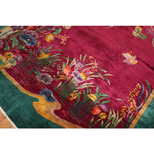 Burgundy Zabihi Collection Burgundy Emerald Green Antique Chinese Art Deco Carpet - 9'10" x 13'5" For Sale - Image 8 of 10