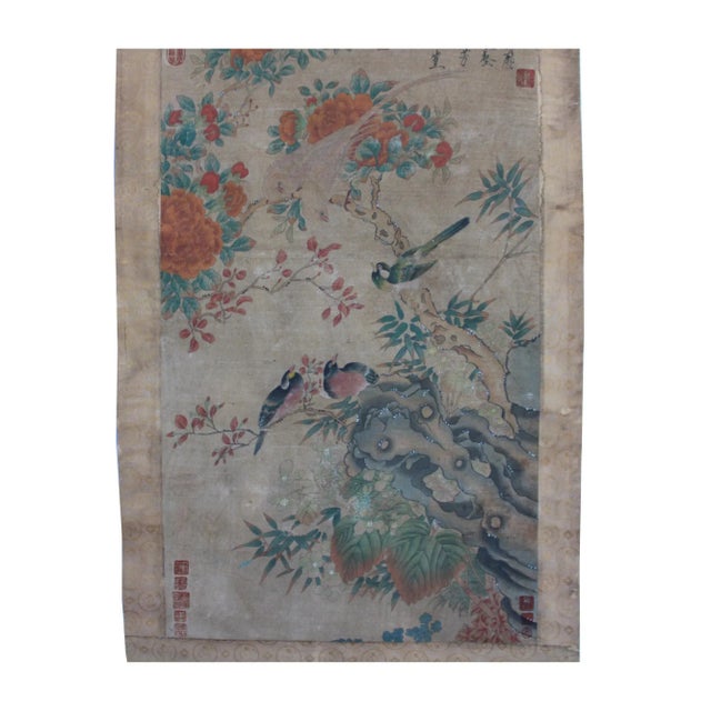 Chinese Flower Birds Color Ink Scroll Painting Museum Wall Art For Sale In San Francisco - Image 6 of 7