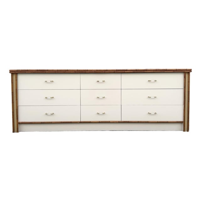 Boho Chic Cream Gloss Laminate Cane and Faux Bamboo Dresser For Sale