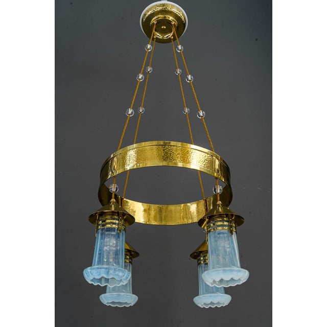 Metal Art Deco Hammered Chandelier with Opaline Glass Shades, Vienna, 1920 For Sale - Image 7 of 18