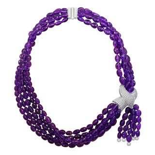 700 Ct Natural Amethyst Multi Layer Bead Necklace in Platinum with 9 Ct Diamonds For Sale