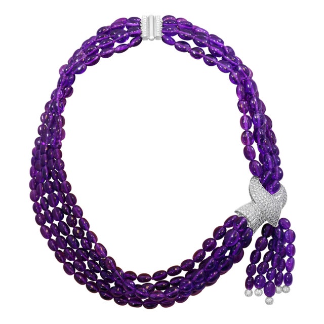 700 Ct Natural Amethyst Multi Layer Bead Necklace in Platinum with 9 Ct Diamonds For Sale