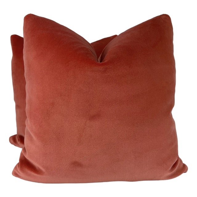 Scalamandre "Torino Velvet" in Coral 22" Pillows-A Pair For Sale