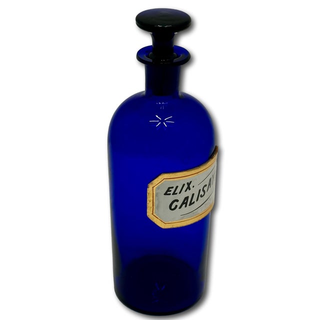 Beautiful & Rare Large Size Antique Cobalt Blue Glass Elixer of Calisaya Apothecary Bottle Circa Mid 19th Century For Sale - Image 9 of 18