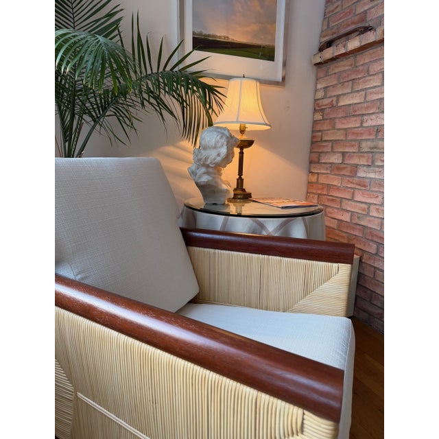 1990s Lounge Chair in Rattan and Mahogany With Custom Performance Cushions For Sale - Image 5 of 18