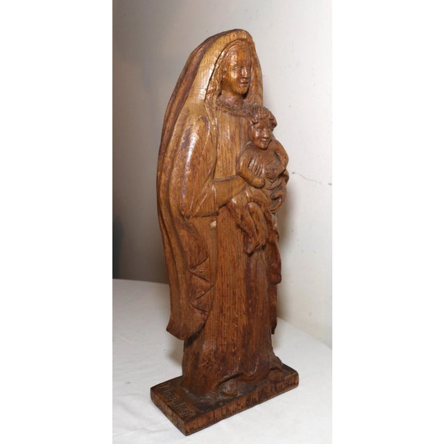 Folk Art Antique Religious Folk Art Mary Jesus Hand Carved Wood Sculpture Statue Santos For Sale - Image 3 of 12