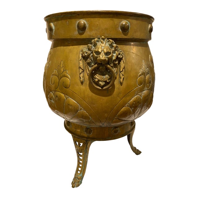 Rare, Large Antique English Jardinière With Brass Etchings and Lion Heads For Sale