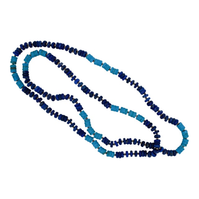 Blue Lapis Lazuli Turquoise Tumble Beads 14k Yellow Gold Bead Long Necklace For Sale
