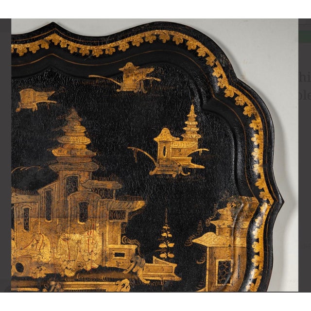 Antique Napoleon III Chinoiserie Black and GIlt Painted Tole Tray For Sale - Image 4 of 4