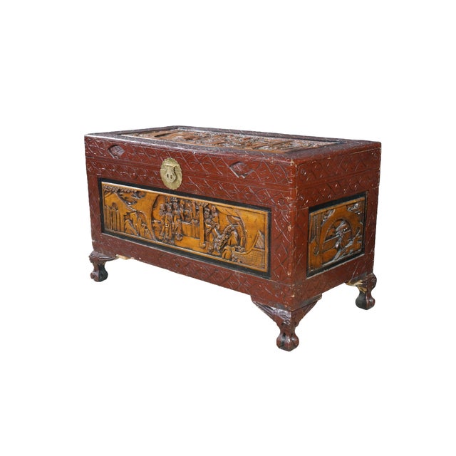 Chinoiserie Mid Century Chinese Carved Elm Trunk Hope Chest Coffee Table Camphor Chinoiserie For Sale - Image 3 of 18