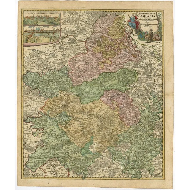 Antique map titled 'Tabula Geographica Campaniae (\.).' Detailed map of the Champagne region in France by J. B. Homann,...