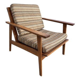 Scandinavian Modern MCM Walnut Framed Armchair With Striped Cushions For Sale