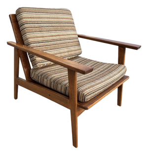 Scandinavian Modern MCM Walnut Framed Armchair With Striped Cushions